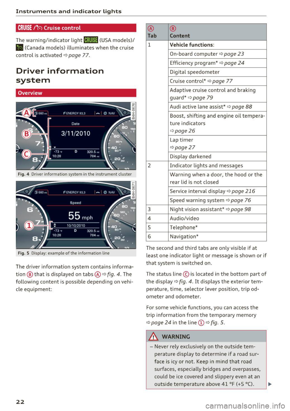 AUDI RS7 SPORTBACK 2016  Owners Manual Instruments  and  indicator  lights 
CRUISE /11
() Cru ise control 
The  warning/indicator  light ltj;\9~1@ (USA models)/ 
El (Canada models)  illuminates  when  the  cruise 
control  is activated  �