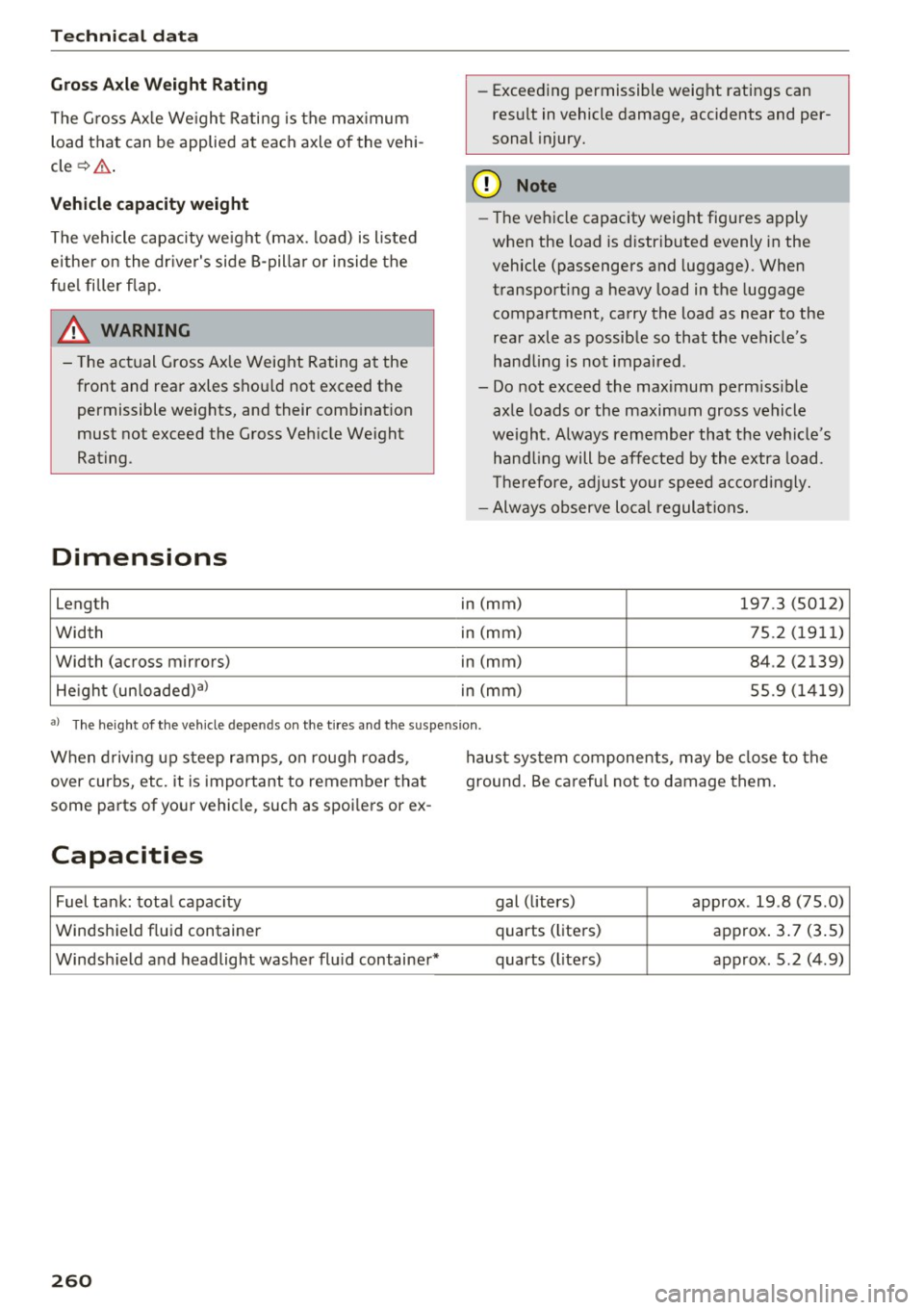 AUDI RS7 SPORTBACK 2016 Owners Manual Tech nical data
Gross Axle Weight Rating
The G ross Ax le We ight Rating is the max imum
load that can b e applied at each axle of the vehi
cle ¢& .
Vehicle capacity weight
AUDI RS7 SPORTBACK 2016 Owners Manual Tech nical data
Gross Axle Weight Rating
The G ross Ax le We ight Rating is the max imum
load that can b e applied at each axle of the vehi
cle ¢& .
Vehicle capacity weight