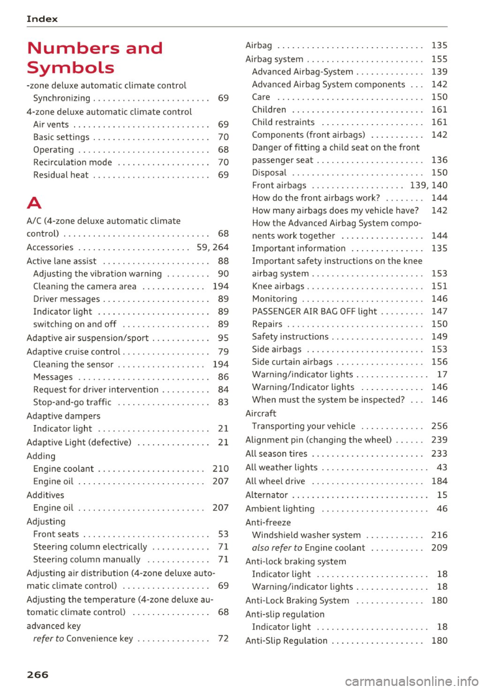 AUDI RS7 SPORTBACK 2016 Owners Manual Index
Numbers and
Symbols
-zone deluxe automatic climate control
Synchronizing . . . . . . . . . . . . . . . . . . . . . . . . 69
4-zone deluxe automatic climate control Air AUDI RS7 SPORTBACK 2016 Owners Manual Index
Numbers and
Symbols
-zone deluxe automatic climate control
Synchronizing . . . . . . . . . . . . . . . . . . . . . . . . 69
4-zone deluxe automatic climate control Air