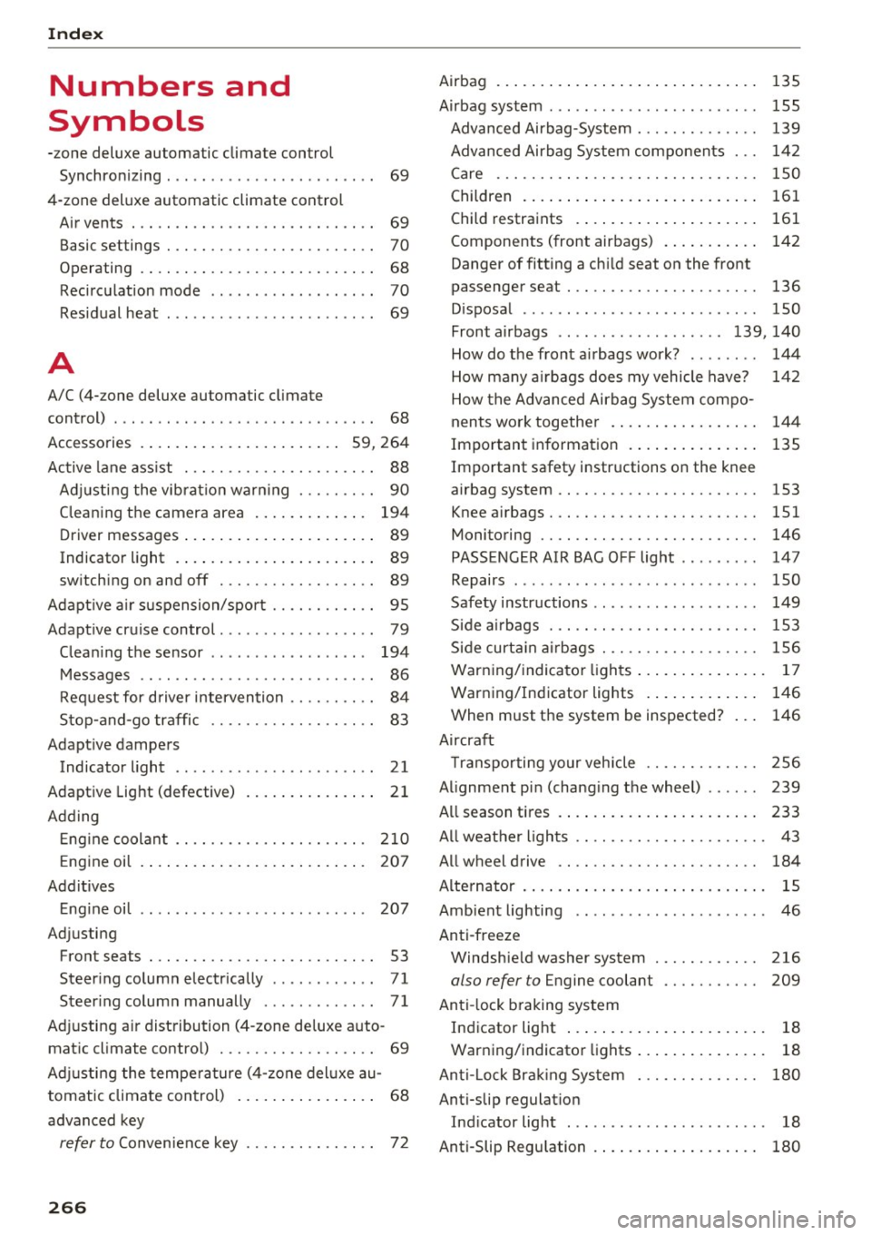 AUDI RS7 SPORTBACK 2016  Owners Manual Index 
Numbers  and 
Symbols 
-zone  deluxe  automatic  climate  control 
Synchronizing  .  . .  . .  . .  . . . . . .  . . .  . .  . .  . .  . .  69 
4-zone  deluxe  automatic  climate  control  Air 