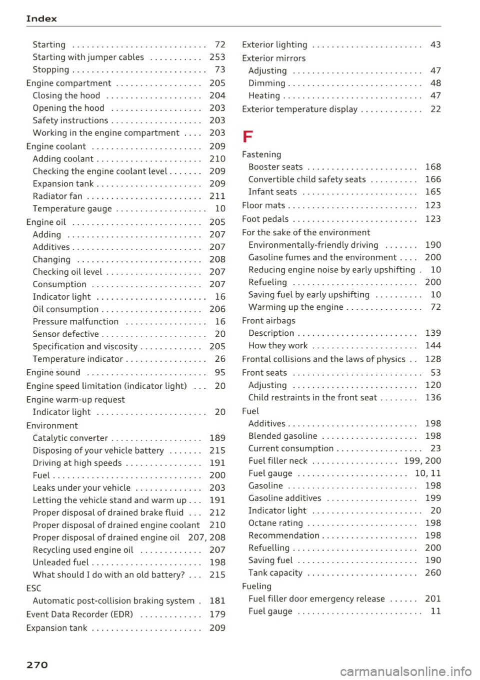 AUDI RS7 SPORTBACK 2016  Owners Manual Index 
Starting . .  . . .  . . .  . .  . .  . .  . .  .  . . .  . .  . .  . .  . . 72 
Starting  with  jumper cables  .  . . .  . .  . .  . .  . 253 
Stopping  . . .  . .  . .  . . .  . . .  .  . .  