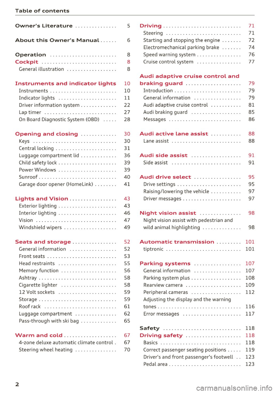AUDI RS7 SPORTBACK 2016 Owners Manual Table of content s
Owner s Lit e rature
About thi s Own er s Manual ... .. .
Opera tion .. .... .... .... ... .... .. .
Cockpit ... .. .. .... .. .... ... .... .. .
5
6
8
8
General AUDI RS7 SPORTBACK 2016 Owners Manual Table of content s
Owner s Lit e rature
About thi s Own er s Manual ... .. .
Opera tion .. .... .... .... ... .... .. .
Cockpit ... .. .. .... .. .... ... .... .. .
5
6
8
8
General