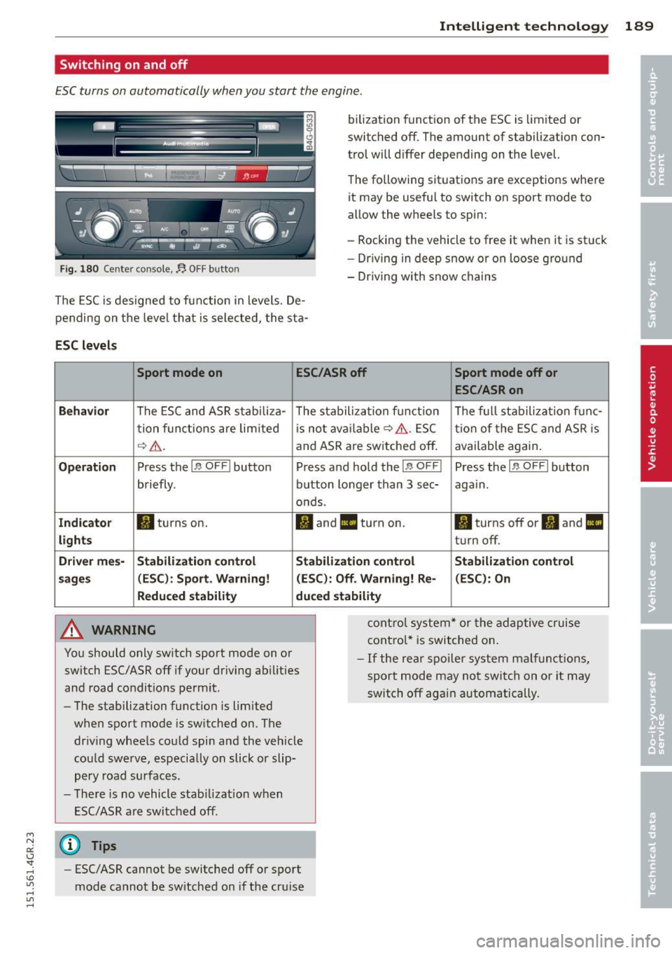 AUDI RS7 SPORTBACK 2015 Owners Manual " N
a:: I.J "". rl I.O
" rl
" rl
Intelligent technolog y 189
Switching on and off
ESC turns on automatically when you start the engine .
Fig. 180 Center console,:, OFF button
The AUDI RS7 SPORTBACK 2015 Owners Manual " N
a:: I.J "". rl I.O
" rl
" rl
Intelligent technolog y 189
Switching on and off
ESC turns on automatically when you start the engine .
Fig. 180 Center console,:, OFF button
The