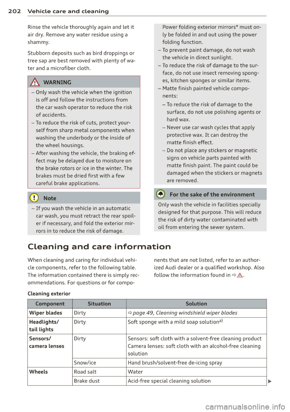AUDI RS7 SPORTBACK 2015 Owners Manual 202 Vehicle care and cleaning
Rinse the vehicle tho roughly again and let it
air dry . Remove any water residue using a
shammy .
S tu bborn depos its s uch as bird dropp ings or
AUDI RS7 SPORTBACK 2015 Owners Manual 202 Vehicle care and cleaning
Rinse the vehicle tho roughly again and let it
air dry . Remove any water residue using a
shammy .
S tu bborn depos its s uch as bird dropp ings or