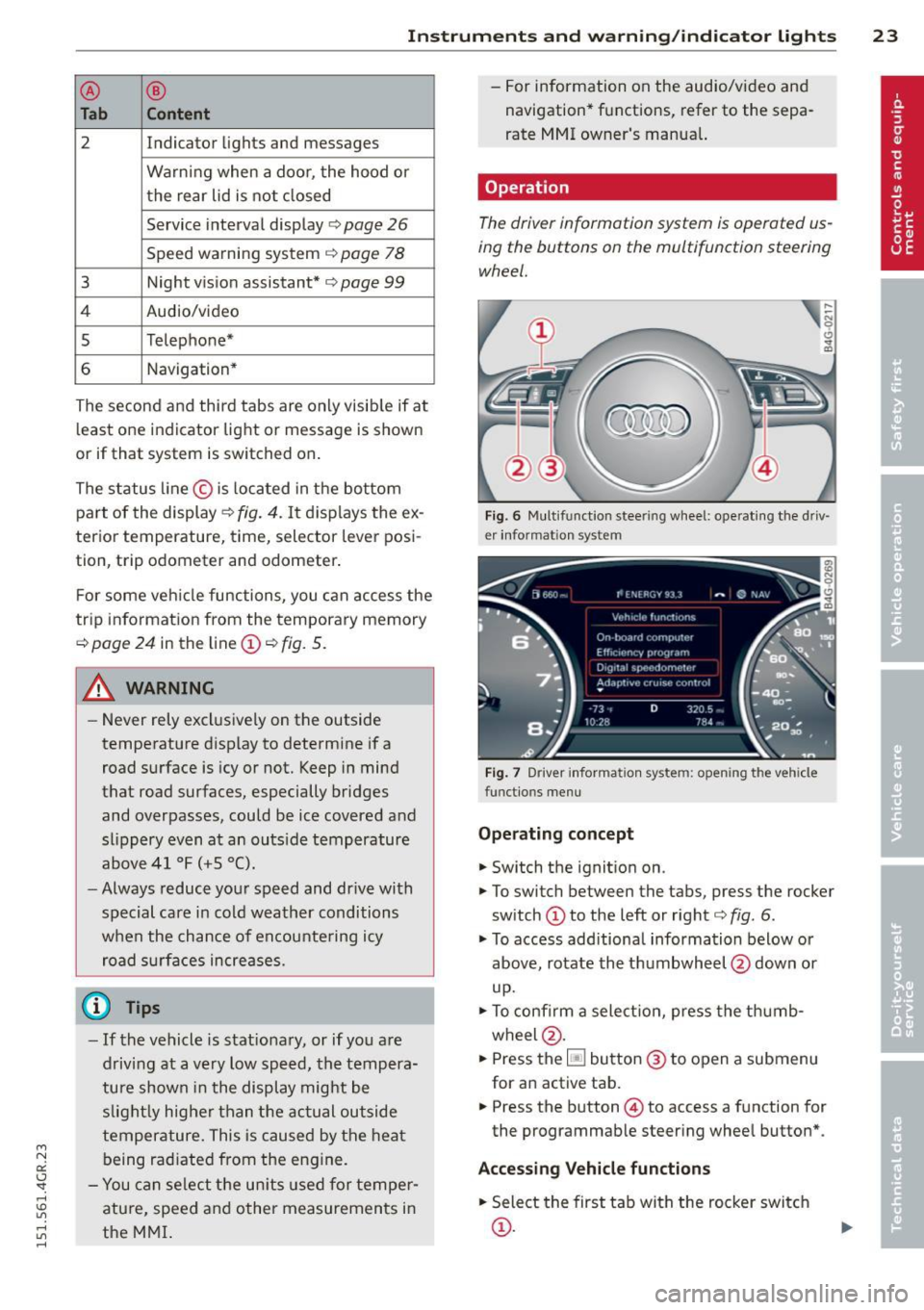 AUDI RS7 SPORTBACK 2015 Owners Manual " N 
a:: I.J "". rl I.O 
" rl 
" rl 
Instrument s  and  warning /indicator  lights  23 
®  ® 
Tab  Content 
2 Indicator  lights  and  messages 
Warning  when  a  door,  the hood  or 
the  rear  l