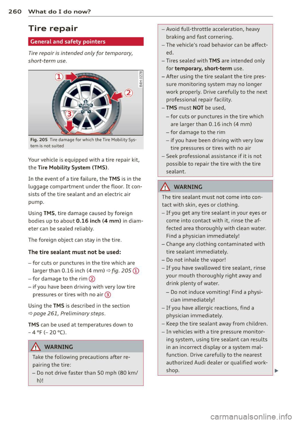 AUDI RS7 SPORTBACK 2015 Owners Manual 260 What do I do now?
Tire repair
General and safety pointers
Tire repair is intended only for temporary,
short -term use .
Fig. 205 Tire da mage for wh ic h the Tire Mob ility AUDI RS7 SPORTBACK 2015 Owners Manual 260 What do I do now?
Tire repair
General and safety pointers
Tire repair is intended only for temporary,
short -term use .
Fig. 205 Tire da mage for wh ic h the Tire Mob ility