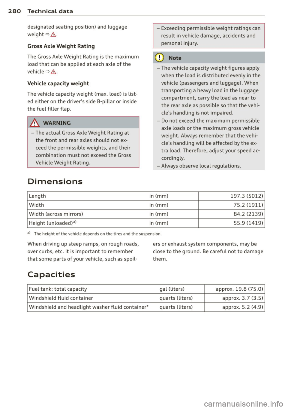 AUDI RS7 SPORTBACK 2015 Owners Manual 28 0 Techni cal data
designated s eating position) and luggage
w eight ¢.&, .
Gross Axle W eight Rating
The Gross Axle Weight Rating is the maximum
l oad that can be applied at each AUDI RS7 SPORTBACK 2015 Owners Manual 28 0 Techni cal data
designated s eating position) and luggage
w eight ¢.&, .
Gross Axle W eight Rating
The Gross Axle Weight Rating is the maximum
l oad that can be applied at each