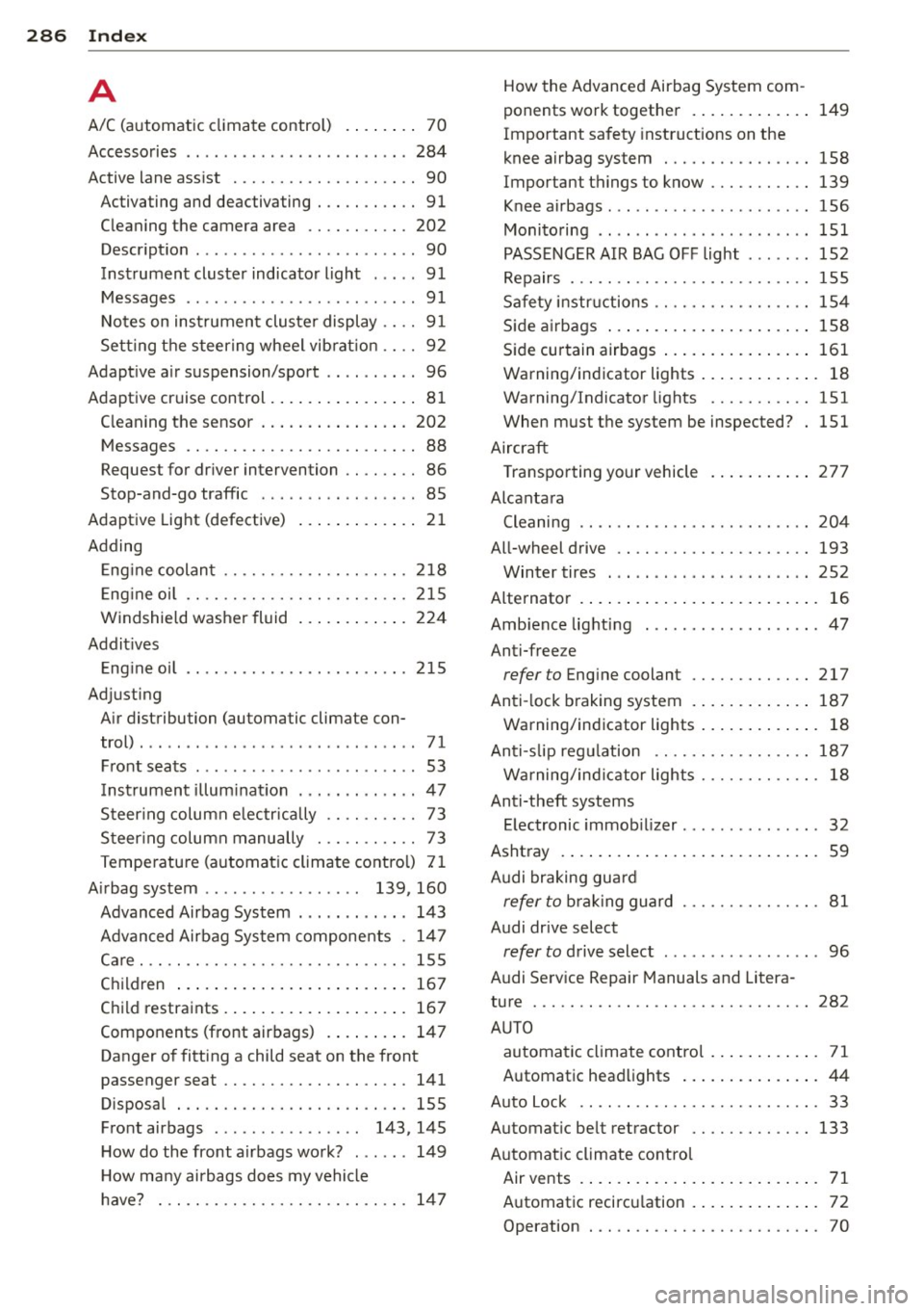 AUDI RS7 SPORTBACK 2015 Owners Manual 286 Index
A
A/C (automatic climate control) .. .... .. 70
Accessories .. ... .. ..... ......... .. . 284
Active lane assist . . . . . . . . . . . . . . . . . . . . 90
Activating AUDI RS7 SPORTBACK 2015 Owners Manual 286 Index
A
A/C (automatic climate control) .. .... .. 70
Accessories .. ... .. ..... ......... .. . 284
Active lane assist . . . . . . . . . . . . . . . . . . . . 90
Activating
