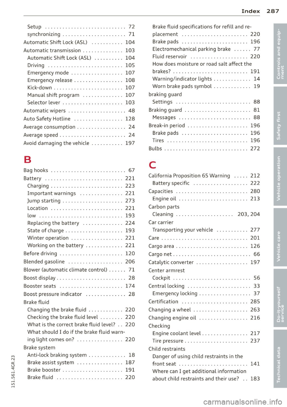 AUDI RS7 SPORTBACK 2015 Owners Manual M N
0:: <.J SI: ,...., \!) er, ,...., er, ,....,
Setup ..... .. .... .. .... ... .. .. .... 72
synchronizing ... .. .... ... .. .. .. .... 71
Automatic S hift Lock (ASL) .. .. .. .. .. . 1 AUDI RS7 SPORTBACK 2015 Owners Manual M N
0:: <.J SI: ,...., \!) er, ,...., er, ,....,
Setup ..... .. .... .. .... ... .. .. .... 72
synchronizing ... .. .... ... .. .. .. .... 71
Automatic S hift Lock (ASL) .. .. .. .. .. . 1