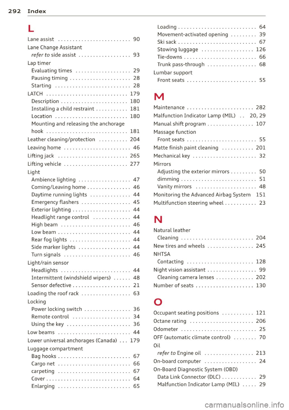 AUDI RS7 SPORTBACK 2015  Owners Manual 292  Index 
L 
Lane assist  .  . .  . .  . .  . . . . .  . . .  . .  . .  . . . .  . .  90 
L ane Cha nge Ass istant 
refer to side assist  . . . . . .  . .  . .  . .  . .  . .  . .  93 
Lap t imer 
E