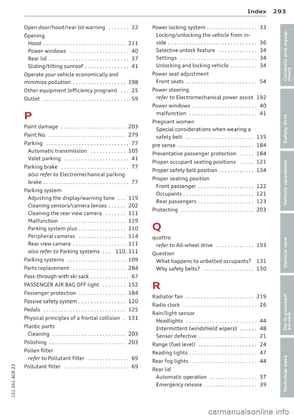 AUDI RS7 SPORTBACK 2015  Owners Manual M N 
0:: <.J "": ,...., \!) ..,., 
,...., ..,., ,...., 
Open door/hood/rear  lid  warning . . .  . .  . .  22 
Opening  Hood  .. .. .. ................. .. ...  2 11 
P owe r windows  .......... .. ..