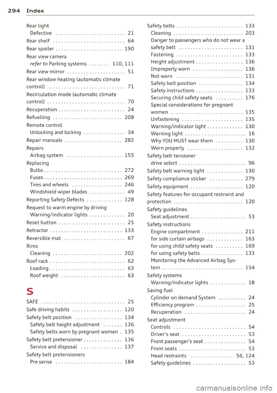 AUDI RS7 SPORTBACK 2015  Owners Manual 29 4  Index 
Rear light 
Defective  .  . . . .  . . . . . . .  . . .  . . .  . . . . .  . .  21 
Rear she lf  .  . . . .  . . . . . . . . . . .  . . . . . . . .  . .  64 
Rear spoiler  ...............
