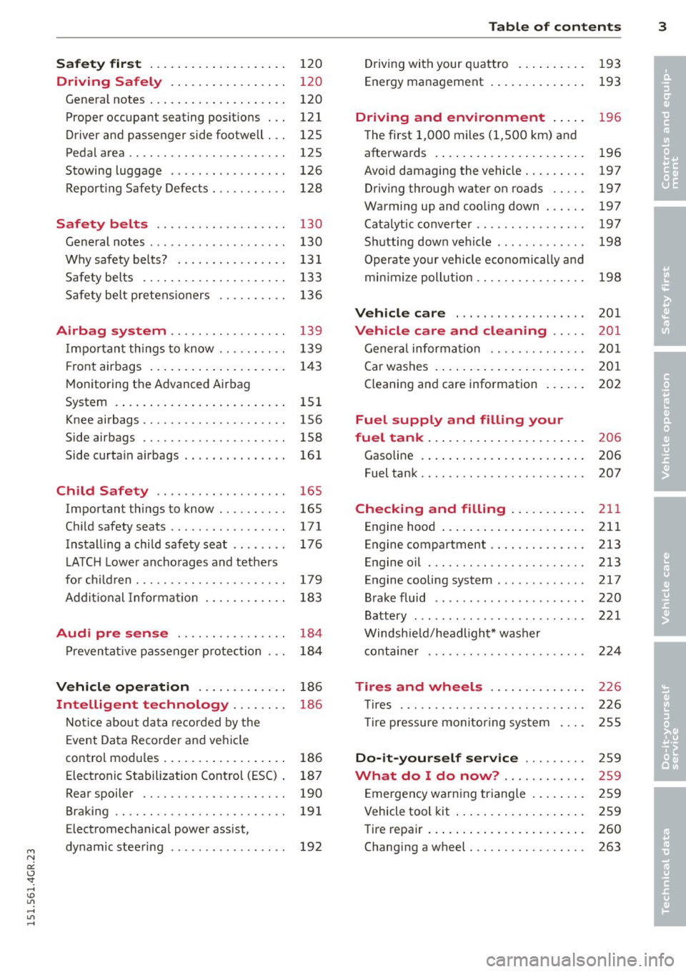 AUDI RS7 SPORTBACK 2015 Owners Manual M N
0:: <.J SI: ,...., \!) ..,.,
,...., ..,., ,....,
Safet y fir st . . . . . . . . . . . . . . . . . . . . 120
Driving Safely . . . . . . . . . . . . . . . . . 120
General notes AUDI RS7 SPORTBACK 2015 Owners Manual M N
0:: <.J SI: ,...., \!) ..,.,
,...., ..,., ,....,
Safet y fir st . . . . . . . . . . . . . . . . . . . . 120
Driving Safely . . . . . . . . . . . . . . . . . 120
General notes