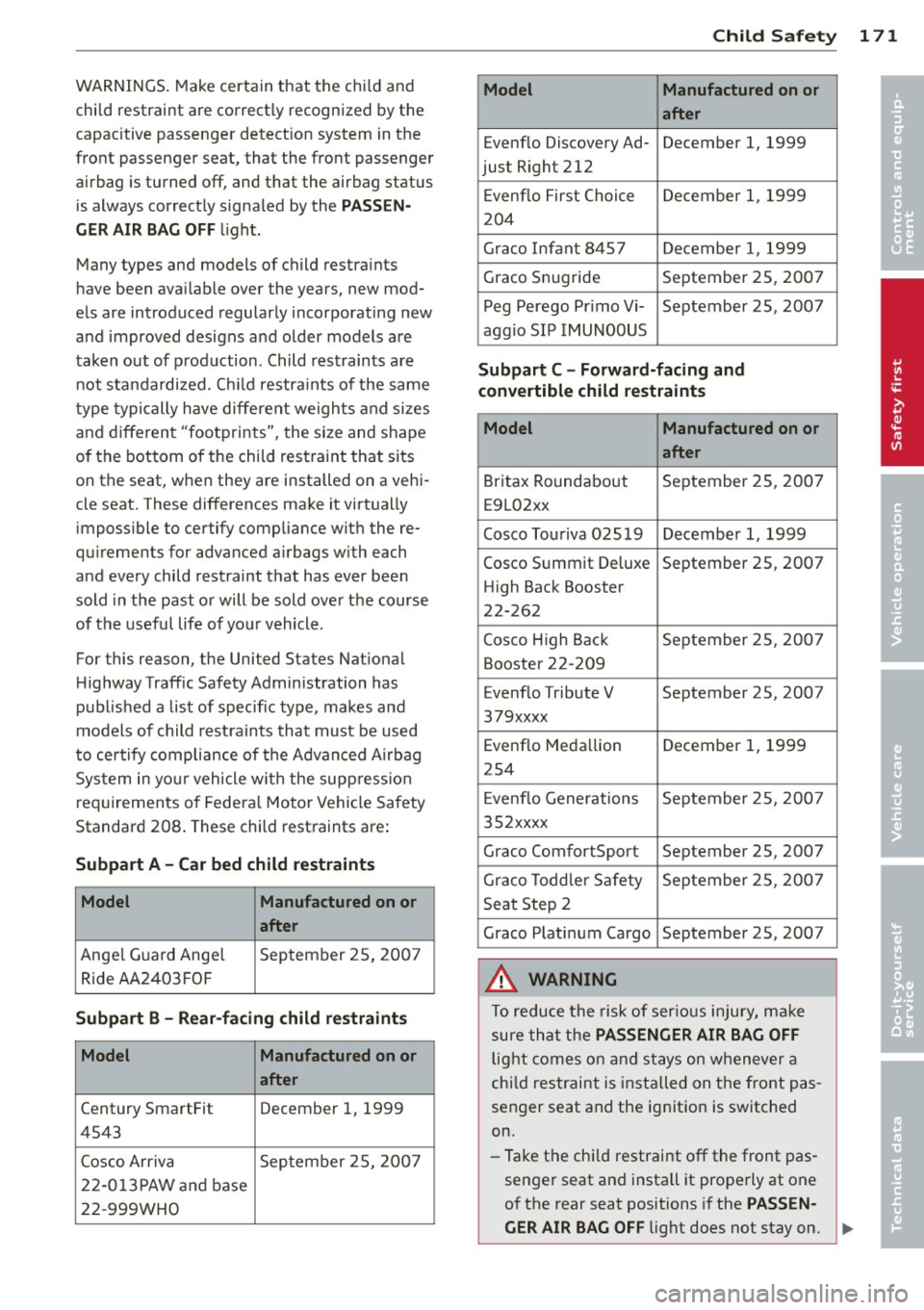 AUDI RS7 SPORTBACK 2014 Owners Manual WARNINGS. Make certain that the child and
chi ld restraint are correct ly recognized by the
capacitive passenger detect ion system in the
front passenger seat, that the front passenge AUDI RS7 SPORTBACK 2014 Owners Manual WARNINGS. Make certain that the child and
chi ld restraint are correct ly recognized by the
capacitive passenger detect ion system in the
front passenger seat, that the front passenge