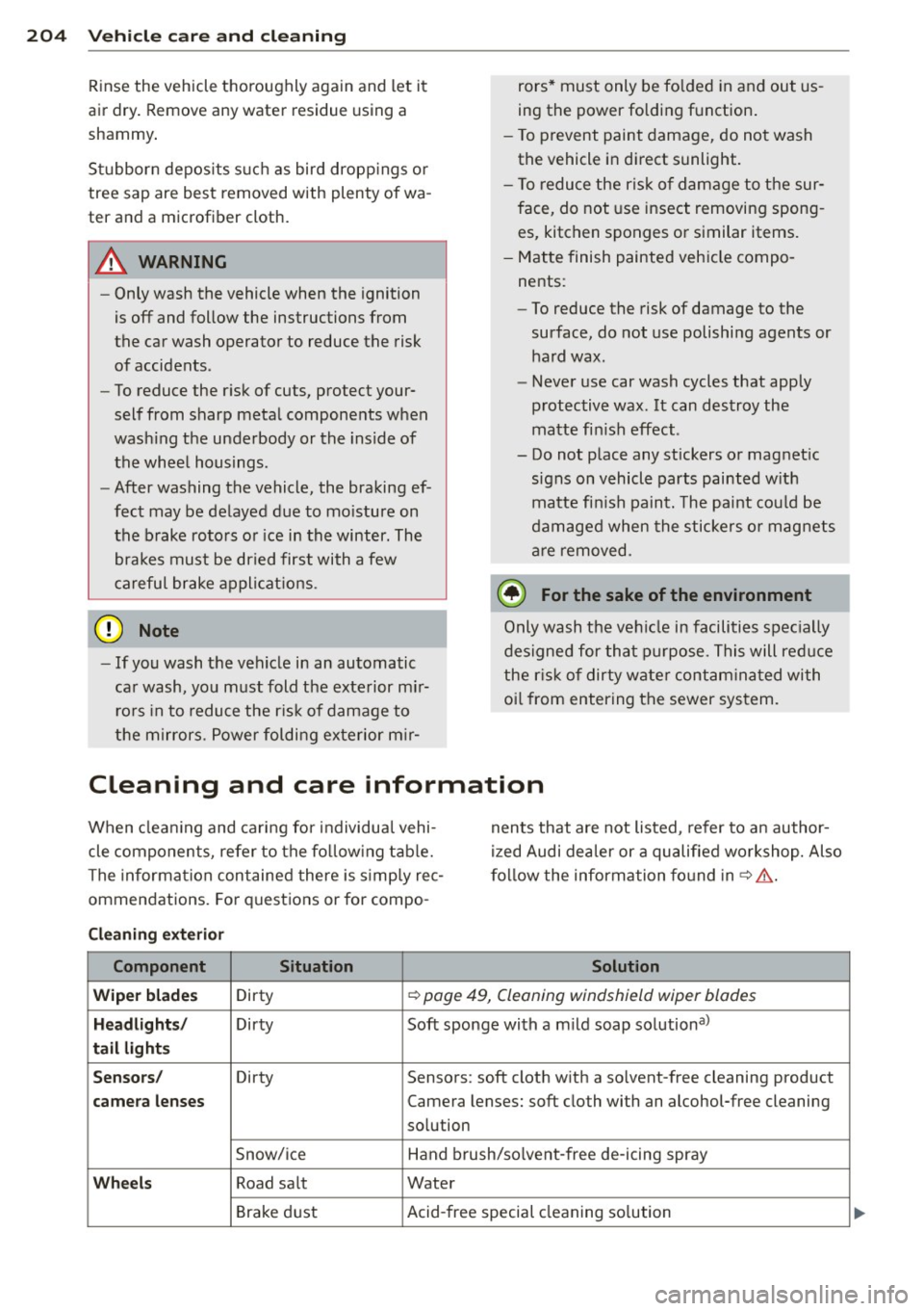 AUDI RS7 SPORTBACK 2014  Owners Manual 204  Vehicle care and cleaning 
Rinse  the  vehicle  thoroughly  again  and  let  it 
air  dry.  Remove  any  water  residue  using  a 
shammy . 
Stubborn  deposits  such  as  bird  droppings  or 
tre