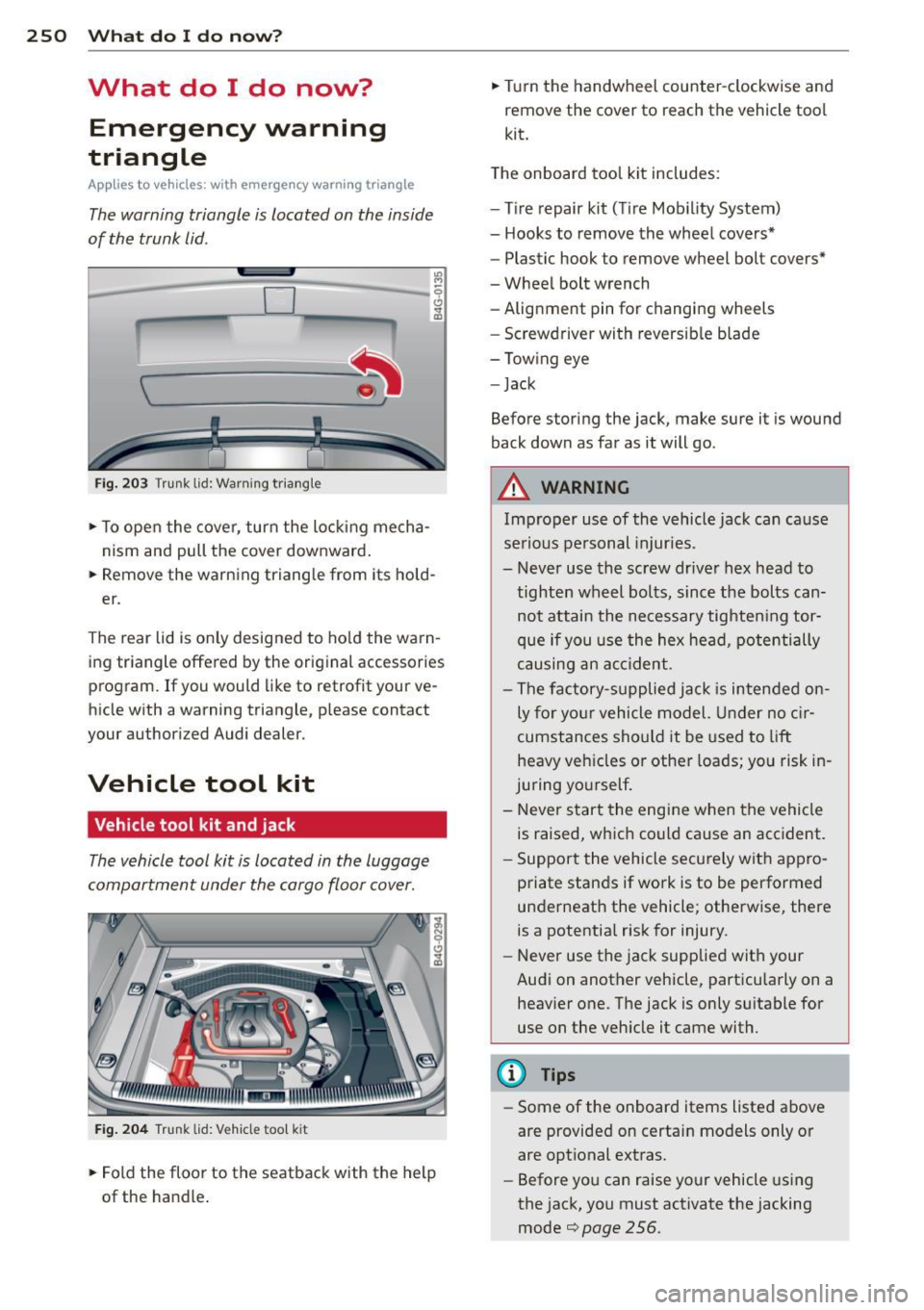 AUDI RS7 SPORTBACK 2014  Owners Manual 250  What  do  I  do  now? 
What  do  I  do  now? 
Emergency  warning 
triangle 
App lies  to  vehicles:  with  emerge ncy warning  triangle 
The warning  triangle  is located  on  the  inside 
of  th
