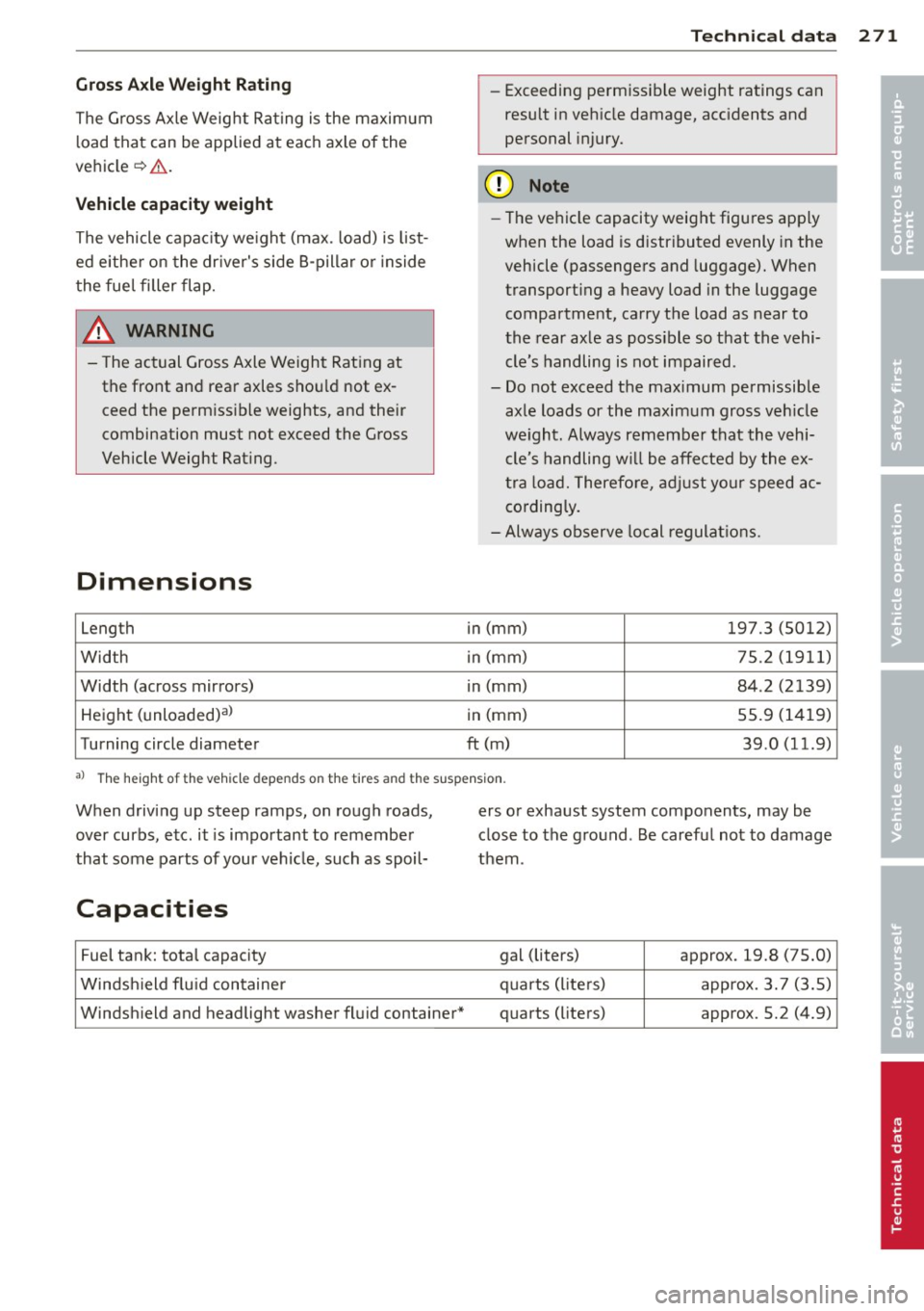 AUDI RS7 SPORTBACK 2014 Owners Manual Gross Axle Weight Rating
The Gross Axle Weight Rating is the maximum
l oad that can be applied at each axle of the
vehicle
c::> &. .
Vehicle capacity weight
The vehicle capac ity we igh AUDI RS7 SPORTBACK 2014 Owners Manual Gross Axle Weight Rating
The Gross Axle Weight Rating is the maximum
l oad that can be applied at each axle of the
vehicle
c::> &. .
Vehicle capacity weight
The vehicle capac ity we igh