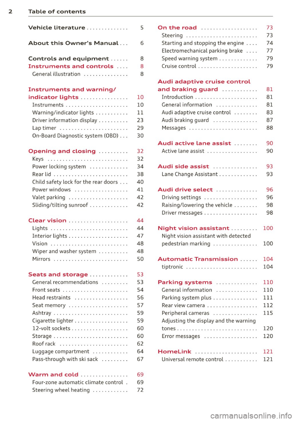 AUDI RS7 SPORTBACK 2014 Owners Manual 2 Table of content s
Vehicle lite ratu re .. .. .. .. .. ... .
About thi s Owner s Manual ...
C ontr ols and equi pm ent .. ... .
Instruments and controls .. . .
General illustrati AUDI RS7 SPORTBACK 2014 Owners Manual 2 Table of content s
Vehicle lite ratu re .. .. .. .. .. ... .
About thi s Owner s Manual ...
C ontr ols and equi pm ent .. ... .
Instruments and controls .. . .
General illustrati