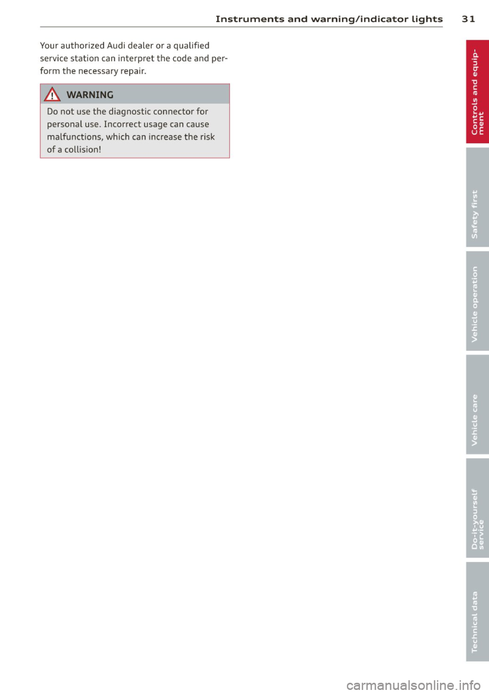 AUDI RS7 SPORTBACK 2014 Owners Guide Instruments and warning/indicator lights 31
Your authorized Audi dealer or a qualified
service station can interpret the code and per
form the necessary repair.
A WARNING
Do not us AUDI RS7 SPORTBACK 2014 Owners Guide Instruments and warning/indicator lights 31
Your authorized Audi dealer or a qualified
service station can interpret the code and per
form the necessary repair.
A WARNING
Do not us