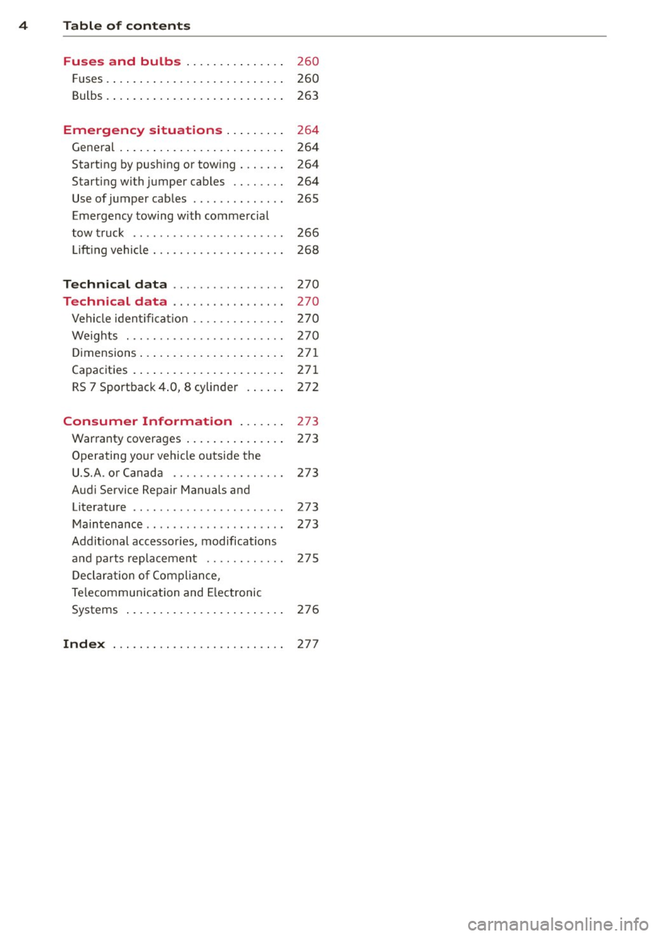 AUDI RS7 SPORTBACK 2014 Owners Manual 4 Table of contents
Fuses and bulbs . . . . . . . . . . . . . . .
260
F uses. ..... ... . ...... ... .. .. .... 260
Bulbs. . . . . . . . . . . . . . . . . . . . . . . . . . . 2 AUDI RS7 SPORTBACK 2014 Owners Manual 4 Table of contents
Fuses and bulbs . . . . . . . . . . . . . . .
260
F uses. ..... ... . ...... ... .. .. .... 260
Bulbs. . . . . . . . . . . . . . . . . . . . . . . . . . . 2