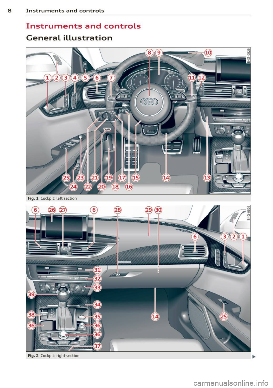 AUDI RS7 SPORTBACK 2014 Owners Manual 8 Instruments and controls
Instruments and controls
General illustration
Fig. l Cockp it: left sect io n
Fig. 2 Cockp it : ri ght sect io n AUDI RS7 SPORTBACK 2014 Owners Manual 8 Instruments and controls
Instruments and controls
General illustration
Fig. l Cockp it: left sect io n
Fig. 2 Cockp it : ri ght sect io n