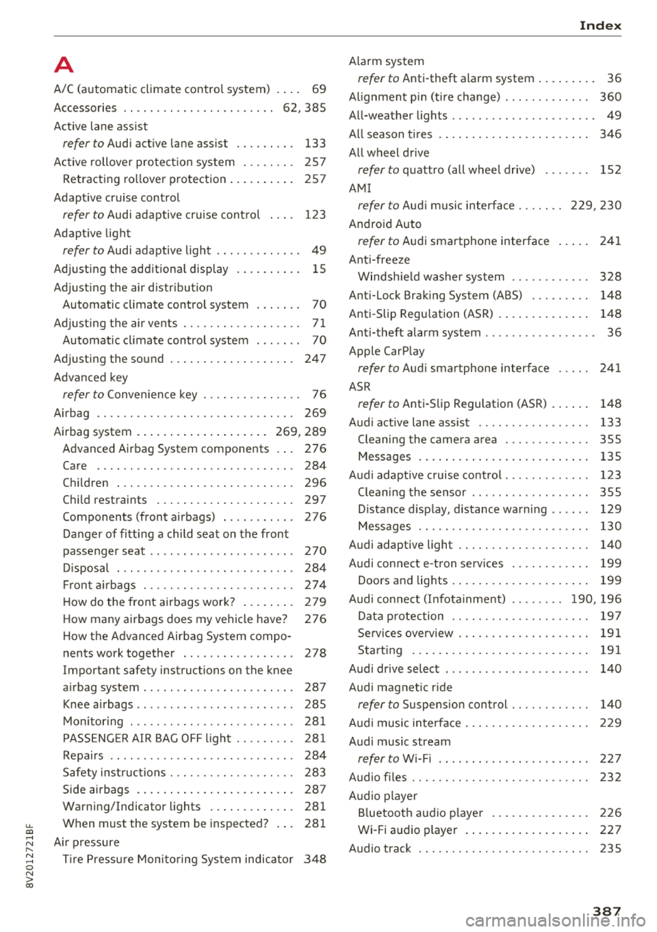 AUDI S3 SEDAN 2018  Owners Manual u. 00 .-< N  l­ N .-< 0 N > 00 
A 
A/C  (automatic climate control system) 
Accessories 
. . .. ................ ... 
Active  lane assist  ..
..  69 
62 ,385 
refer  to Audi  active  lane assist  . 