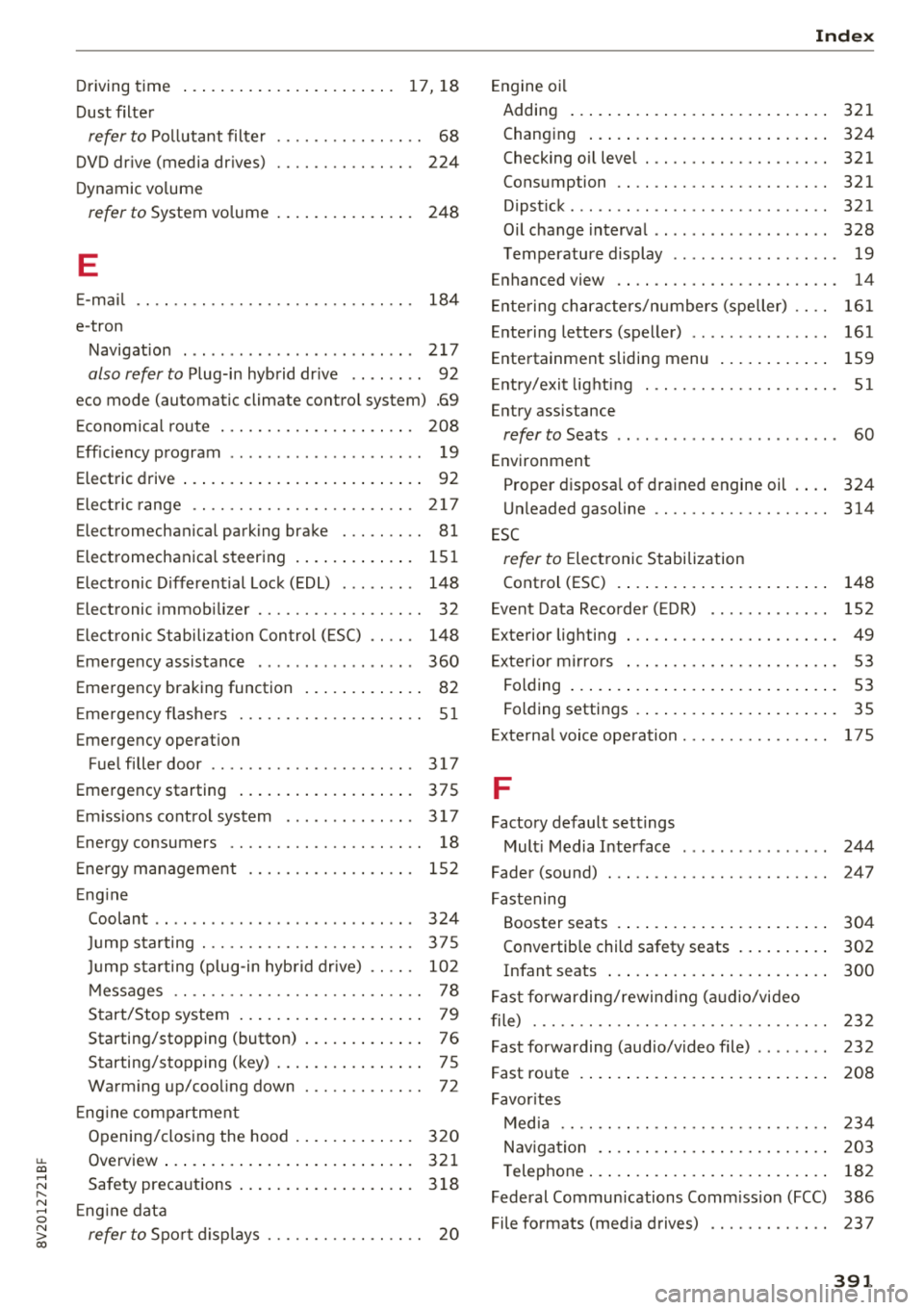 AUDI S3 SEDAN 2018 Owners Manual u. 00 .-< N l N .-< 0 N > 00
Driving time ... ... .. ..... ... .. .. ... 17 , 18
Dust filter
refer to Pollutant filte r . . . . . . . . . . . . . . . . 68
DVD dr ive (media dr ives) AUDI S3 SEDAN 2018 Owners Manual u. 00 .-< N l N .-< 0 N > 00
Driving time ... ... .. ..... ... .. .. ... 17 , 18
Dust filter
refer to Pollutant filte r . . . . . . . . . . . . . . . . 68
DVD dr ive (media dr ives)