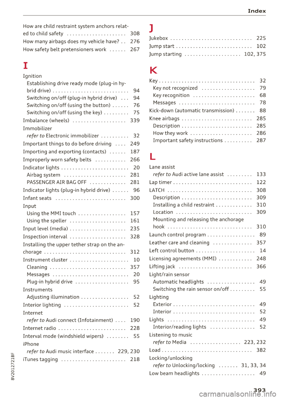 AUDI S3 SEDAN 2018  Owners Manual u. 00 .-< N  l­ N .-< 0 N > 00 
How are child restraint system  anchors  re lat -
ed to  chi ld safety  . .  . .  . . . . .  . . .  . .  . .  . . . .  .  308 
H ow  many  airbags  does my vehicle  h