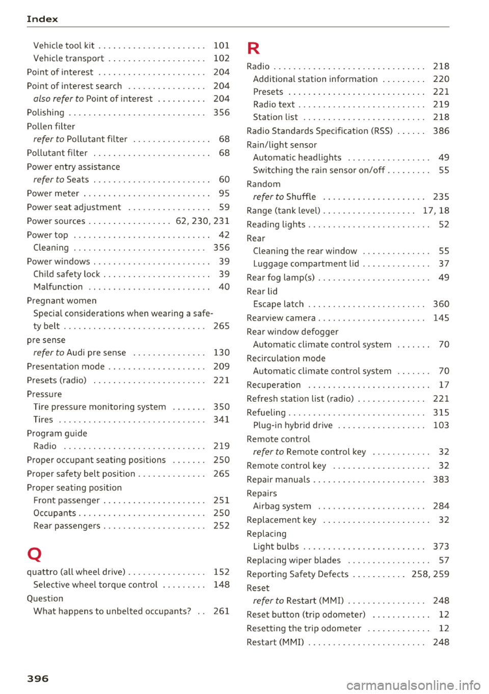 AUDI S3 SEDAN 2018 Service Manual Index
Vehicle tool kit . . . . . . . . . . . . . . . . . . . . . . 101
Vehicle transport . . . . . . . . . . . . . . . . . . . . 102
Point of interest . . . . . . . . AUDI S3 SEDAN 2018 Service Manual Index
Vehicle tool kit . . . . . . . . . . . . . . . . . . . . . . 101
Vehicle transport . . . . . . . . . . . . . . . . . . . . 102
Point of interest . . . . . . . .