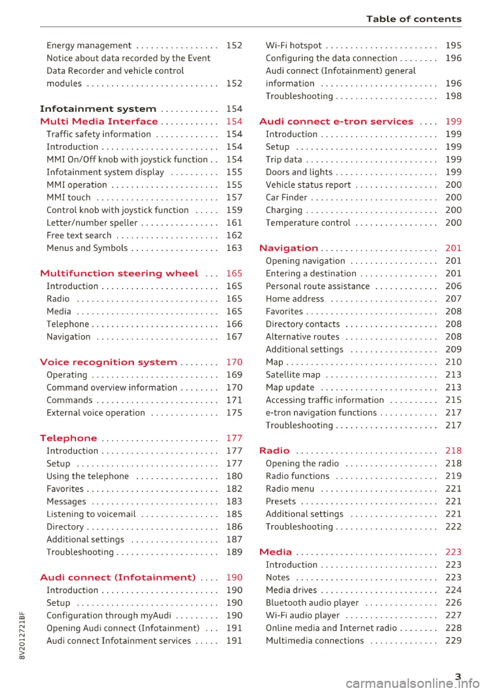 AUDI S3 SEDAN 2018  Owners Manual u. 00 .-< N  l­ N .-< 0 N > 00 
Energy  management  . . . . .  . . .  . .  . .  . . . .  .  152 
Notice  about  data  recorded  by the  Event  
Data Recorder and vehicle  control  
modules  .  . .  