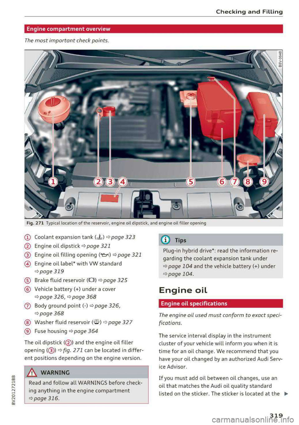 AUDI S3 SEDAN 2017 Owners Manual a, a, ..... N
" N ..... 0 N > 00
Checking and Filling
Engine compartment overview
The most important check points .
-
Fig. 271 Typical location of the reservoir , engine oil dipst ick, an AUDI S3 SEDAN 2017 Owners Manual a, a, ..... N
" N ..... 0 N > 00
Checking and Filling
Engine compartment overview
The most important check points .
-
Fig. 271 Typical location of the reservoir , engine oil dipst ick, an