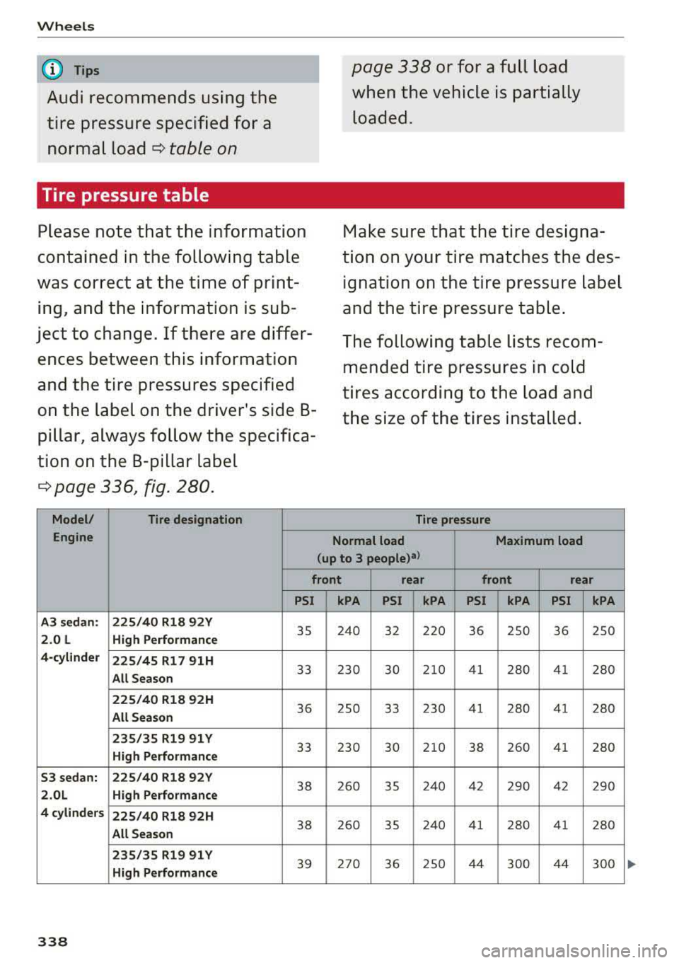 AUDI S3 SEDAN 2017 Owners Manual Wheels
(D Tips
Audi recommends using the
tire pressure specified for a normal load
¢ table on
Tire pressure table
Please note that the information
contained in the following ta AUDI S3 SEDAN 2017 Owners Manual Wheels
(D Tips
Audi recommends using the
tire pressure specified for a normal load
¢ table on
Tire pressure table
Please note that the information
contained in the following ta