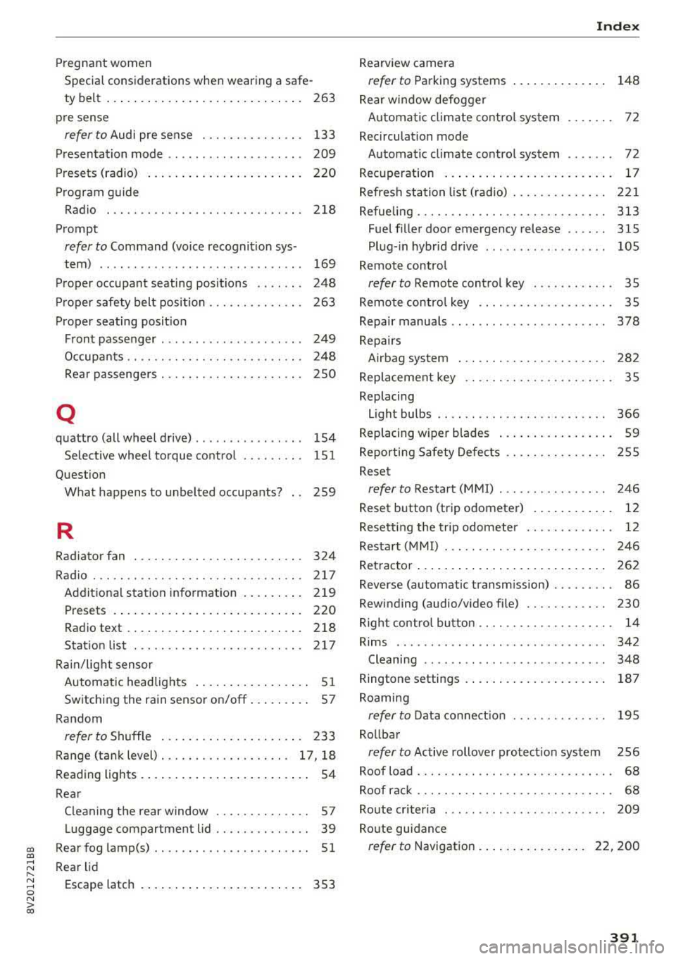 AUDI S3 SEDAN 2017 Owners Manual CXl CXl
Pregnant women
Special consid erations when w earing a safe-
ty belt . . . . . . . . . . . . . . . . . . . . . . . . . . . . . 263
pre sense
refer to Audi pre sense . AUDI S3 SEDAN 2017 Owners Manual CXl CXl
Pregnant women
Special consid erations when w earing a safe-
ty belt . . . . . . . . . . . . . . . . . . . . . . . . . . . . . 263
pre sense
refer to Audi pre sense .