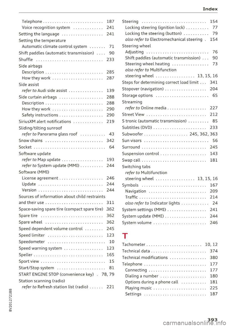 AUDI S3 SEDAN 2017 Owners Manual CXl CXl .... N ,.__
N .... 0 N > 00
Telephone. . . . . . . . . . . . . . . . . . . . . . . . . . 187
Voice recognition system . . . . . . . . . . . . . 241
Setting the language AUDI S3 SEDAN 2017 Owners Manual CXl CXl .... N ,.__
N .... 0 N > 00
Telephone. . . . . . . . . . . . . . . . . . . . . . . . . . 187
Voice recognition system . . . . . . . . . . . . . 241
Setting the language