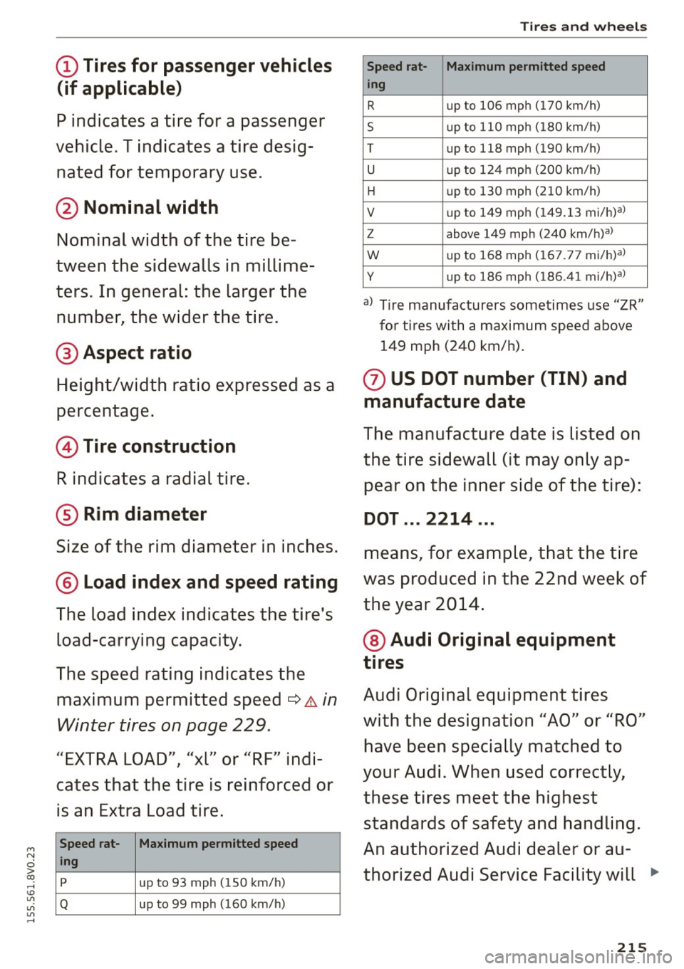 AUDI S3 SEDAN 2015  Owners Manual M N 
0 > co ,...., \!) 1.11 
1.11 
1.11 
,...., 
(D Tires for  passenger  vehicles 
(if  applicable) 
P indicates  a tire  for  a passenger 
vehicle.  T indicates  a tire  desig­ nated  for  tempo