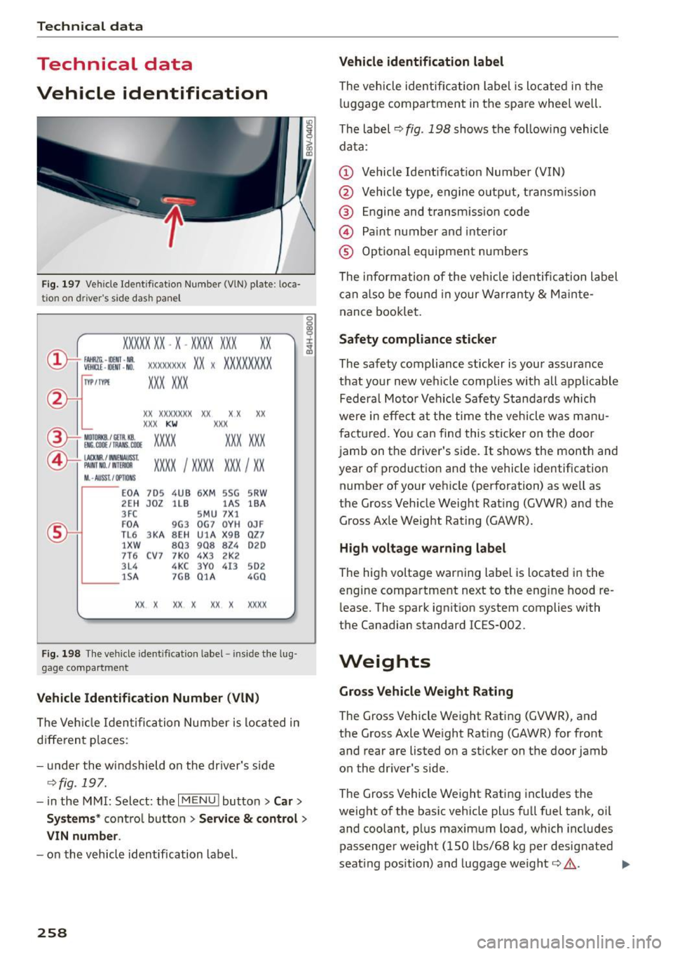 AUDI S3 SEDAN 2015 Manual PDF Technical  data 
Technical  data 
Vehicle  identification 
F ig.  197 Ve hicle  Ident if icat ion  Number  (VlN) p late:  loca· 
tio n on  d river s side  dash  pane l 
XXXXX  XX  -X  -XX XX  XXX  X