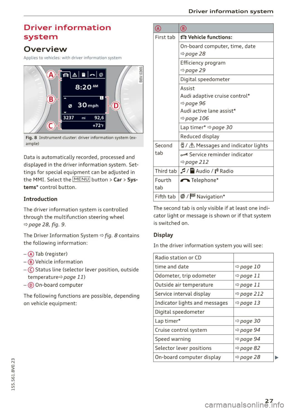 AUDI S3 SEDAN 2015 Owners Manual ....,
N
0 > co
rl I.O
"
"
"
rl
Driver information
system
Overview
App lies to vehicles: with driver information syste m
Fig. 8 Instr ument cluster : dr iver informat ion system AUDI S3 SEDAN 2015 Owners Manual ....,
N
0 > co
rl I.O
"
"
"
rl
Driver information
system
Overview
App lies to vehicles: with driver information syste m
Fig. 8 Instr ument cluster : dr iver informat ion system