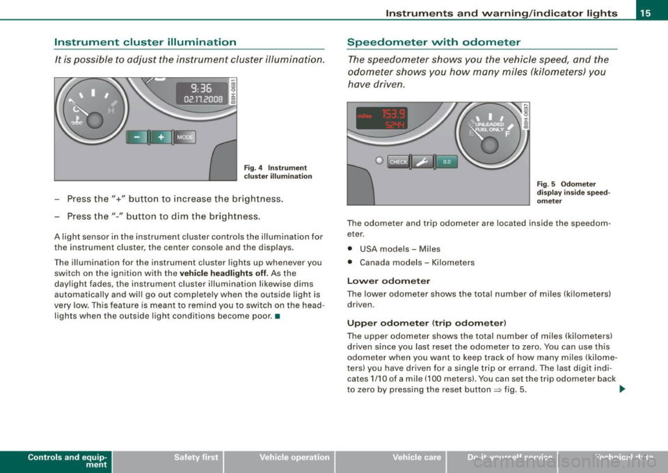 AUDI S4 CABRIOLET 2009 User Guide Instrument cluster illumination
It is possible to adjust the instrument cluster illumination.
9:36
02 .11.200
Fig. 4 In strum ent
c lus ter illum inat io n
- Press the"+" button to AUDI S4 CABRIOLET 2009 User Guide Instrument cluster illumination
It is possible to adjust the instrument cluster illumination.
9:36
02 .11.200
Fig. 4 In strum ent
c lus ter illum inat io n
- Press the"+" button to