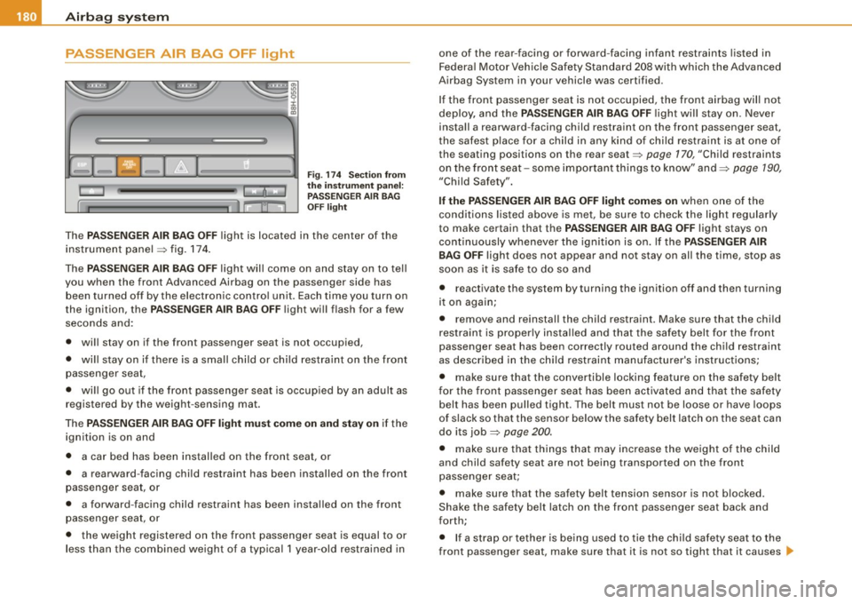 AUDI S4 CABRIOLET 2009 Owners Manual ___ A_ ir_b_ a..::g =-- s__,y:.... s_ t _e_ m ___________________________________________________  _ 
PASSENGER  AIR  BAG  OFF  light 
............. Fig. 174  Section  from 
the  instrument  panel: 
P