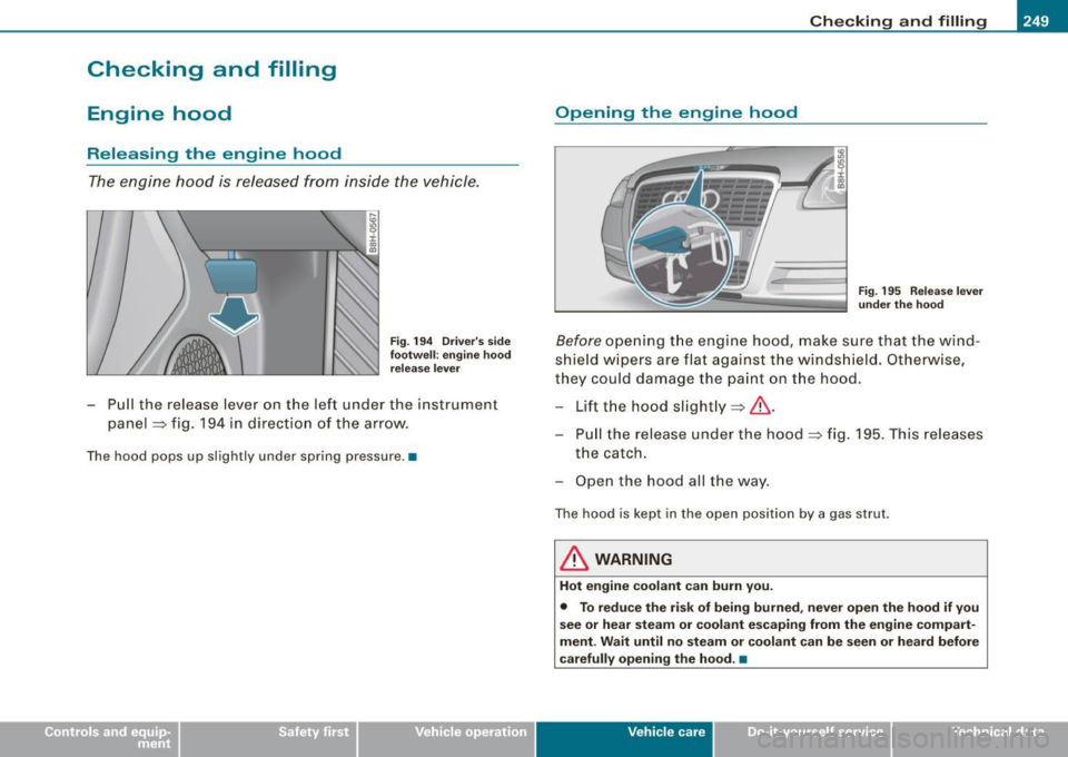 AUDI S4 CABRIOLET 2009 Owners Manual _____________________________________________ C_h_ e_ c _ k_in -= g_a _ n_d _ f_il _li _n """g ;;..._ ____.ffllll
Checking and filling
Engine hood
Releasing the engine hood
The engine hood AUDI S4 CABRIOLET 2009 Owners Manual _____________________________________________ C_h_ e_ c _ k_in -= g_a _ n_d _ f_il _li _n """g ;;..._ ____.ffllll
Checking and filling
Engine hood
Releasing the engine hood
The engine hood
