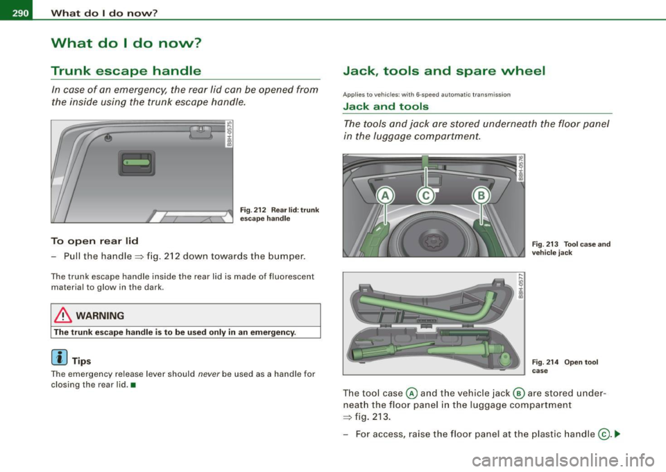 AUDI S4 CABRIOLET 2009 Owners Manual 1111...__W_ h_ a_ t_d_ o_ l _d _o_ n_ o_ vv_ ? ______________________________________________ _
What do I do now?
Trunk escape handle
In case of an emergency, the rear lid can be ope AUDI S4 CABRIOLET 2009 Owners Manual 1111...__W_ h_ a_ t_d_ o_ l _d _o_ n_ o_ vv_ ? ______________________________________________ _
What do I do now?
Trunk escape handle
In case of an emergency, the rear lid can be ope