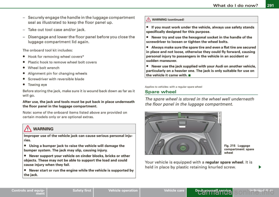 AUDI S4 CABRIOLET 2009 Owners Manual _______________________________________________ W_ h_ a _ t_d_ o_ l _d _o_ n_ o_ w_ ? _ __,_
- Se curely en gage the han dle in th e lu ggage com partm ent
se al as illust rate d to k eep AUDI S4 CABRIOLET 2009 Owners Manual _______________________________________________ W_ h_ a _ t_d_ o_ l _d _o_ n_ o_ w_ ? _ __,_
- Se curely en gage the han dle in th e lu ggage com partm ent
se al as illust rate d to k eep