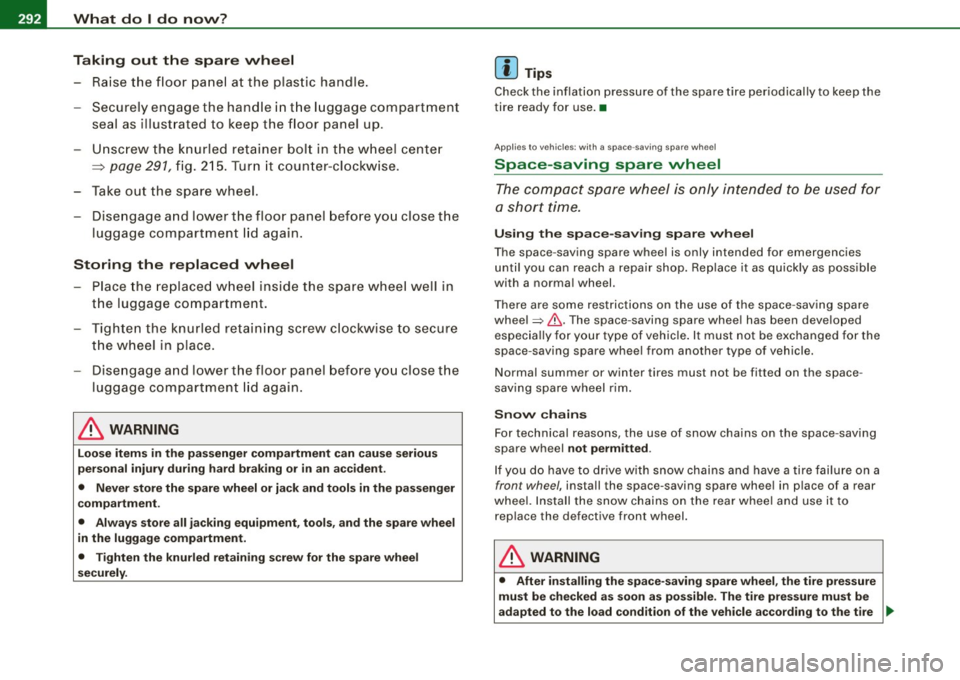 AUDI S4 CABRIOLET 2009  Owners Manual 11111.___W_ h_ a_ t_d_ o_ l _d _o_ n_ o_ w_ ? ______________________________________________  _ 
Taking  out  the  spare  wheel 
- Raise the  floor  panel  at  the plastic  handle. 
- Securely  engage