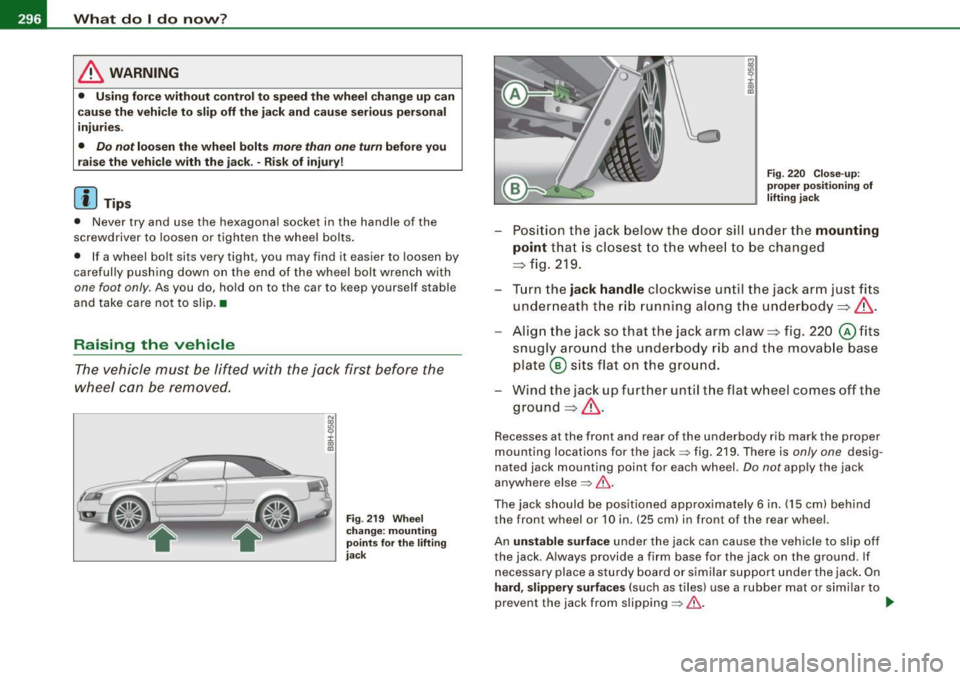 AUDI S4 CABRIOLET 2009 Owners Manual 11111...__W_ h_ a_ t_d_ o_ l _d _o_ n_ o_ vv_ ? ______________________________________________ _
& WARNING
• Using force without control to speed the wheel change up can
cause the vehicle AUDI S4 CABRIOLET 2009 Owners Manual 11111...__W_ h_ a_ t_d_ o_ l _d _o_ n_ o_ vv_ ? ______________________________________________ _
& WARNING
• Using force without control to speed the wheel change up can
cause the vehicle