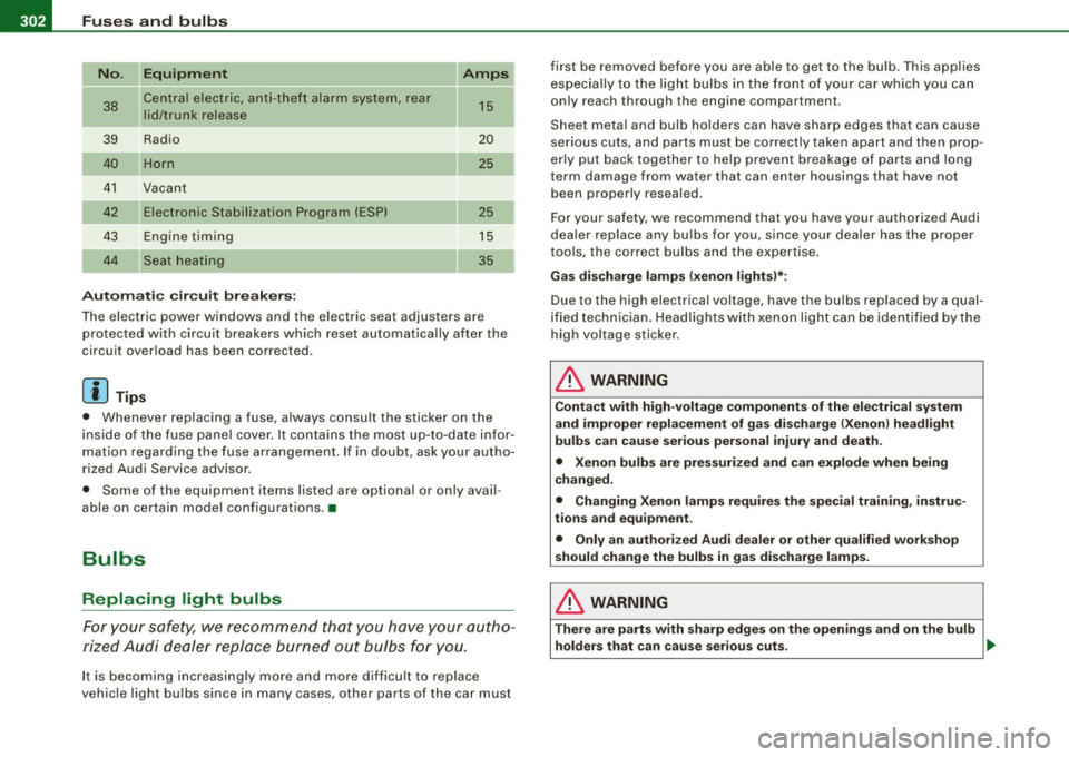 AUDI S4 CABRIOLET 2009 Owners Manual 111!11.--___;;F...; u::. s.::..:: e~s :.....:: a..:..n .:..; d::....; b.:..:. u..:..lb ;:..:: s _______________________________________________ _
No.
38
39
41
42
43
Equipment
Central electric AUDI S4 CABRIOLET 2009 Owners Manual 111!11.--___;;F...; u::. s.::..:: e~s :.....:: a..:..n .:..; d::....; b.:..:. u..:..lb ;:..:: s _______________________________________________ _
No.
38
39
41
42
43
Equipment
Central electric