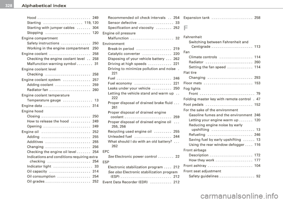 AUDI S4 CABRIOLET 2009 Owners Guide IIPJI Alphabetical index _ __,__ ___ ____;_...::.:...::... ___________________________ _
Hood ...... ... ...... .. ... .. .. ... 249
Starting .. .... .... ....... ... 119,120
Starting with jump AUDI S4 CABRIOLET 2009 Owners Guide IIPJI Alphabetical index _ __,__ ___ ____;_...::.:...::... ___________________________ _
Hood ...... ... ...... .. ... .. .. ... 249
Starting .. .... .... ....... ... 119,120
Starting with jump