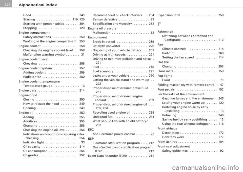 AUDI S4 CABRIOLET 2009  Owners Manual IIPJI Alphabetical index _ __,__ ___ ____;_...::.:...::... ___________________________  _ 
Hood ...... ... ...... .. ... .. .. ... 249 
Starting  .. .... .... ....... ... 119,120 
Starting  with  jump