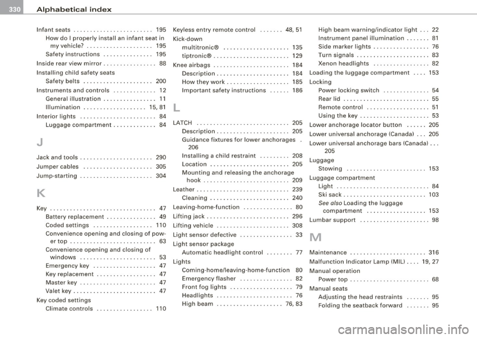 AUDI S4 CABRIOLET 2009 Service Manual ___ A---=- lp_h_ a_b_ e_ t _i_ c _ a_ l_ in_ d_ e_x  ______________________________________________  _ 
Infant seats  .  . .  .  . .  . .  . .  .  . . .  . . .  . .  . . . .  .  195 
How  do  I  prope