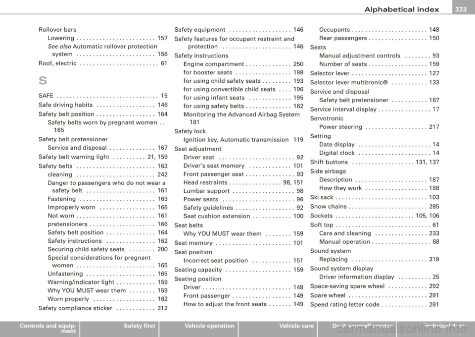 AUDI S4 CABRIOLET 2009 Workshop Manual Alphabetical index -
-------------=----
Rollover bars
Lowering ... .. .... ....... ...... .. 157
See also Automatic rollover pro tection
system ... .. .... .... .... ... .... 156
Roof, e AUDI S4 CABRIOLET 2009 Workshop Manual Alphabetical index -
-------------=----
Rollover bars
Lowering ... .. .... ....... ...... .. 157
See also Automatic rollover pro tection
system ... .. .... .... .... ... .... 156
Roof, e