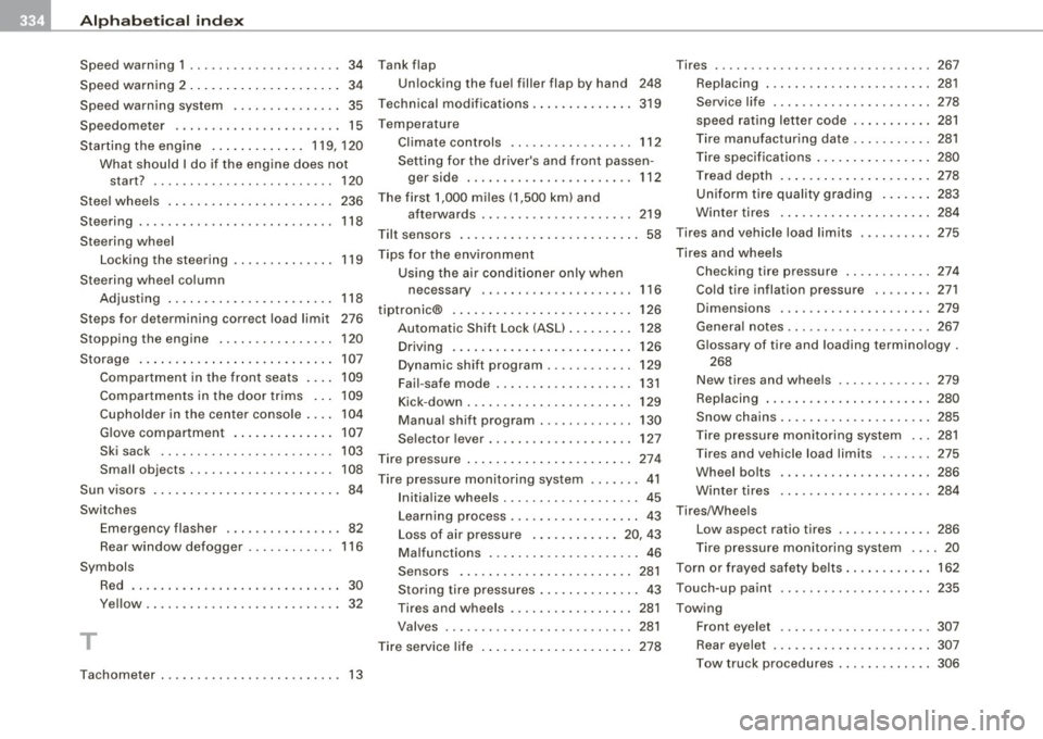 AUDI S4 CABRIOLET 2009 Service Manual 11111 Alphabetical index 
---=----------------------------------
Speed  warning  1  ...... .... ... ... .... . 34 
Speed  warning  2  .................. ... 34 
Speed  warning  system  ...............